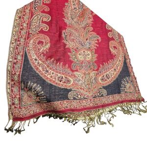 Paisley Scarf Shawl Wrap Gold Black Red Floral Fringed Bohemian Boho‎